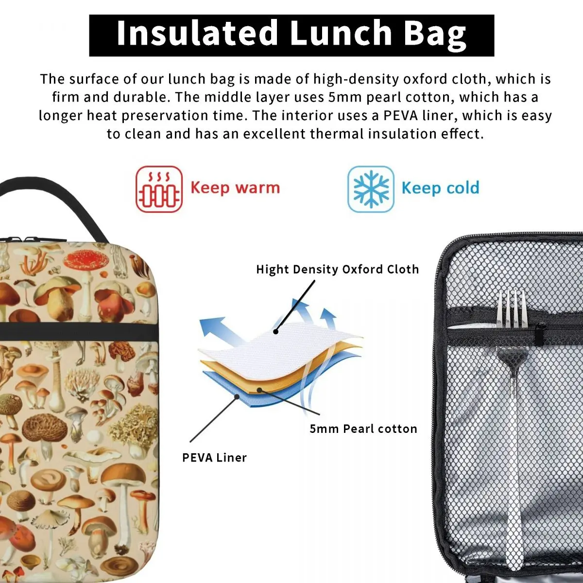 Vintage Mantar Tasarımları Koleksiyonu Yalıtımlı Öğle Yemeği Çantaları Termal soğutucu çanta Termal yemek kabı yemek taşıma çantası Kadın Çocuklar için Çalışmak Görüntü 3