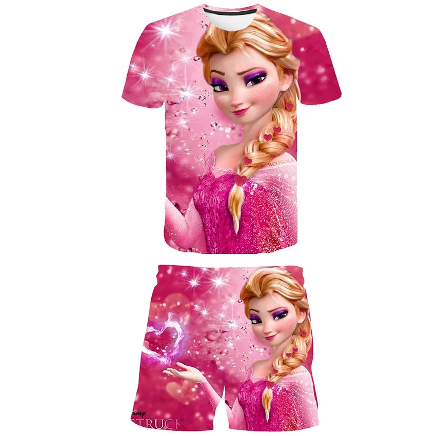 Yaz Dondurulmuş 2 Kız Karikatür T Shirt + şort takımı Giysileri Çocuklar Sevimli Elsa Prenses 2 adet Çocuk Karikatür Rahat Kostüm Kıyafetler Görüntü 3