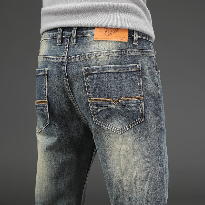 Yeni High-End Retro Kot erkekler için Düzenli Fitl Düz Bacak kot pantolon Elastik Trend Moda Eski Artı Boyutu Görüntü 3