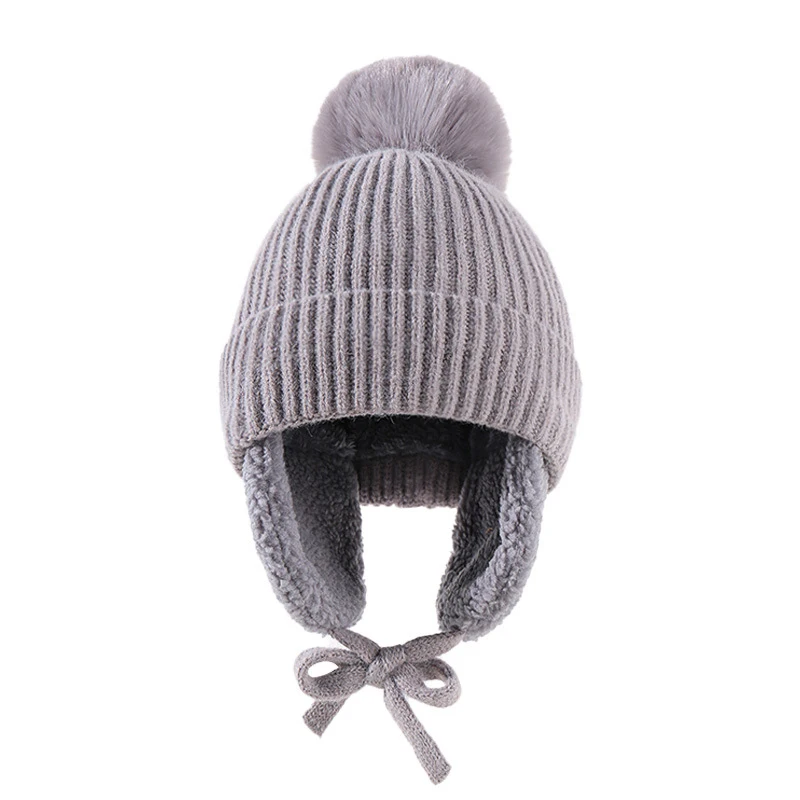 Yeni Kış Örme Şapka Earflaps İle Kalın Sıcak Peluş Bebek Şapka Büyük ponponlu bere Rüzgar Geçirmez Yün Çocuk örgü bere Kız Erkek Görüntü 3