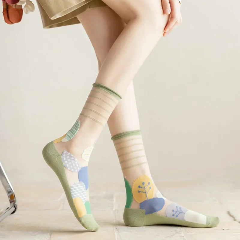 Yeni Moda Kadın Çorap Yaz Ultra ince Şeffaf Kristal İpek Çorap Harajuku Çiçek Retro Japon Kawaii Sevimli Çorap Görüntü 3