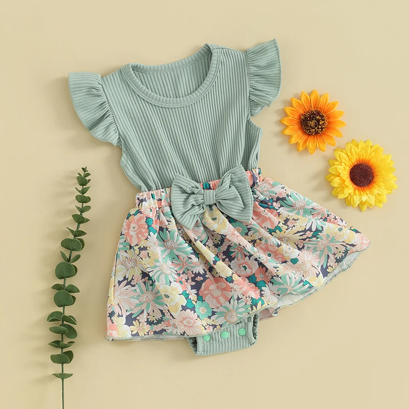 Yenidoğan Bebek Kız yaz giysileri Nervürlü Örgü Fırfır Kolsuz dantel çiçekli tulum Elbise Tulum Kafa Bandı Kıyafetler Görüntü 3
