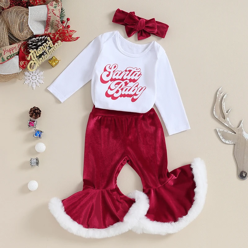 Yürümeye başlayan çocuk giysileri Kız Noel Kıyafetleri Mektup Baskı Uzun Kollu Tulum Flare Pantolon Kafa Bandı 3 Adet Set Bebek Giyim Görüntü 3
