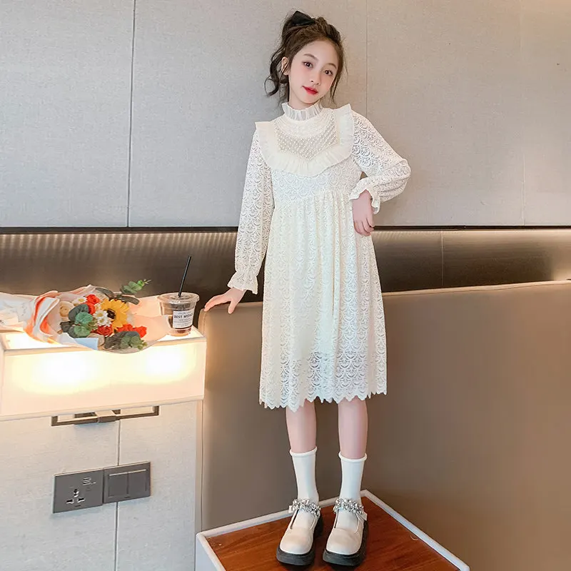 Zarif Beyaz Dantel Prenses Elbise Kız 2023 İlkbahar Yaz Uzun Kollu Bej Elbise Parti Akşam Kostüm 4-14Years Çocuk Görüntü 3