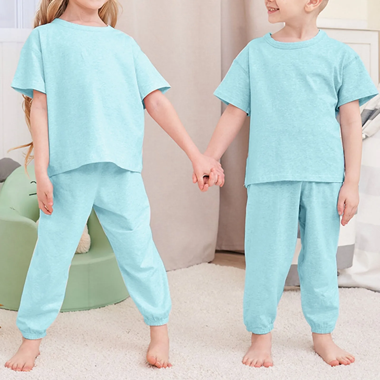 Çocuk Düz Renk Kısa Kollu Tişört + Pantolon Yaz Günlük Rahat Ev Giysileri Bobin Kız Bir Yıldız Doğdu Kıyafet Görüntü 3
