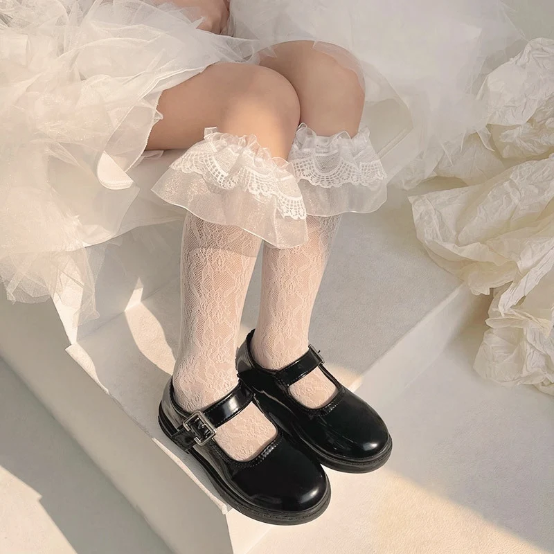 Çocuk Kawaii Bahar Yaz Kızlar İlmek Diz üstü çorap Sevimli Fırfır Dantel Prenses Elbise Tayt Çorap Çocuklar İçin Görüntü 3