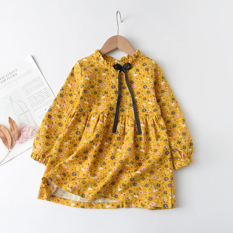 Çocuklar için şerit yay elbise ile yeni küçük çiçek pamuk kız uzun kollu elbise Görüntü 3