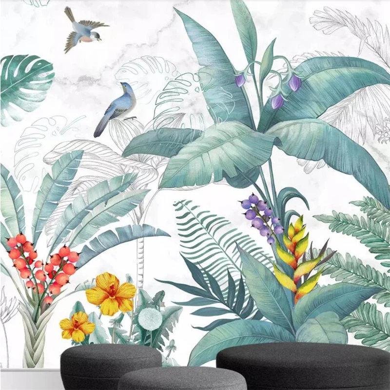 Özel duvar kağıdı İskandinav el-boyalı küçük taze tropikal bitkiler çiçekler ve kuşlar TV kanepe arka plan 3d duvar kağıdı Görüntü 3