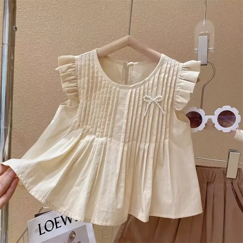 İlkbahar Yaz Kız Giyim Seti Yeni Sevimli Küçük Uçan Kollu Pilili Bebek Gömlek+Cep Şort 2 Adet Moda Kız Çocuklar Kıyafet Görüntü 3
