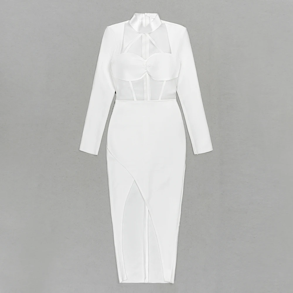 2023 Beyaz Uzun Kollu O Boyun Örgü Zarif Kadın Bandaj Elbise Seksi Patchwork Giyim Kulübü Parti Bodycon Akşam Midi Elbiseler Görüntü 4