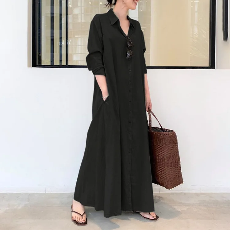 2023 yaz elbisesi Artı Boyutu 4XL 5XL Pamuk Keten Cep Maxi Elbise Kadınlar için Bluzlar Streetwear Gevşek Katı Uzun Elbiseler Vestido Görüntü 4