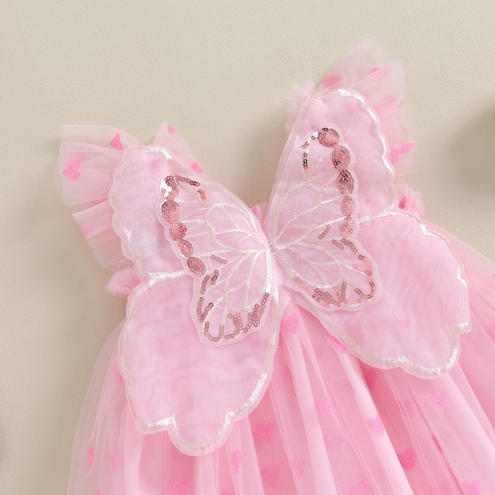 2024 0-4Y Bebek Kız Prenses Elbise Yaz Sevimli Sparkle Kalp Baskı Kolsuz Parti Tül Elbise Peri Kostüm Kanatlı Görüntü 4