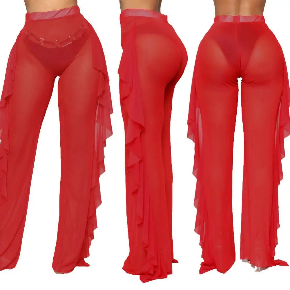 Bayan Perspektif Ruffles Pantolon Sıcak Satış Uzun Gevşek Yüksek Bel Geniş Bacak Pantolon Bayanlar Artı Boyutu Bikini Cover-up Uzun Pantolon Görüntü 4