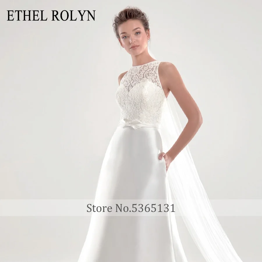 ETHEL ROLYN A-Line düğün elbisesi 2022 Zarif Saten Dantel O-boyun Backless Yay Kolsuz Vintage gelin kıyafeti Vestido De Noiva Görüntü 4