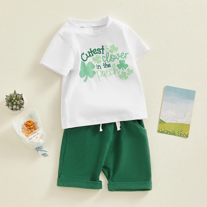 Erkek bebek Kız St Patrick Giysileri Kısa Kollu Gömlek Üst Haddelenmiş şort takımı Yaz Şirin Yonca Baskı Kıyafetler Görüntü 4
