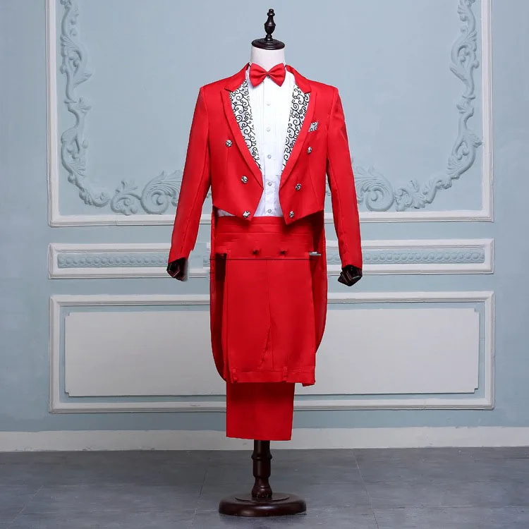 Erkekler Balo Sahne Yaka Takım Elbise Kuyruk (ceket + pantolon) ceket Damat Jakarlı Homme Şarkıcı Düğün Beyaz Kırmızı Takım Elbise Siyah Smokin Kostüm Görüntü 4