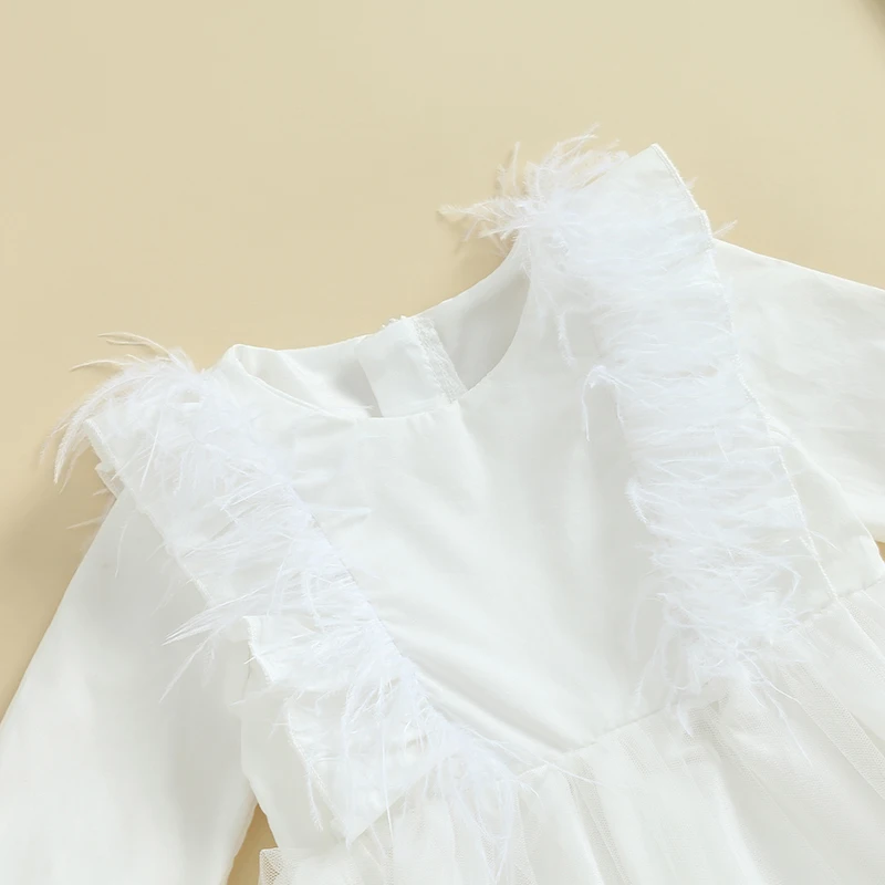 FOCUSNORM 0-4Y Yürüyor Çocuk Kız Prenses Elbise Uzun Kollu Tüyler Patchwork Ruffles A-Line Diz Boyu Elbise Görüntü 4