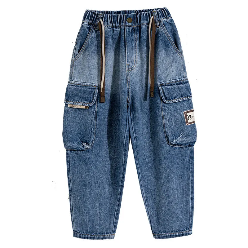 Ilkbahar Sonbahar Çocuklar Rahat Kargo Pantolon Büyük Erkek Çocuk Moda Vintage Pantolon Pamuk Sweatpants Genç Erkek Kot 14 İla 5Yrs Görüntü 4