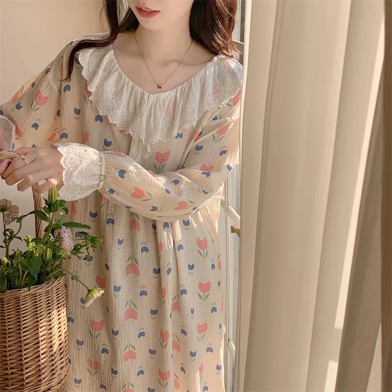 Kadın İlkbahar Yaz Gecelik Çiçek Baskı Kore Tarzı Bayanlar Gecelik Uzun Kollu Dantel Tatlı İç Çamaşırı Vestido Mujer Görüntü 4