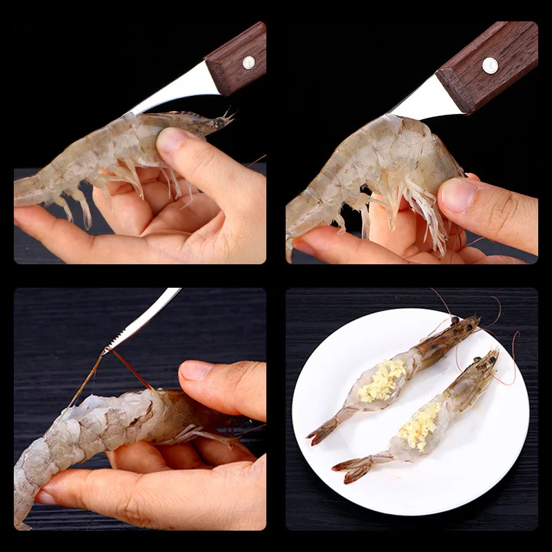 Karides Deveiner Aracı Karides Temizleyici Bıçak yüksek kaliteli paslanmaz çelik Ahşap Kayma Kolu Karides Soyucu mutfak gereçleri Görüntü 4