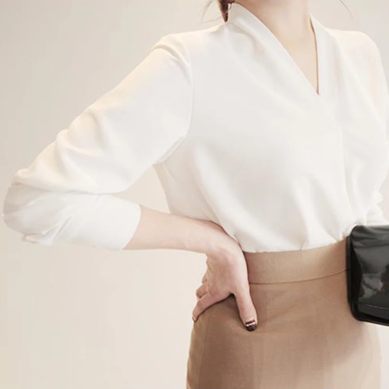 Klasik Kariyer OL Tarzı Üst Ofis Bayan İlkbahar Yaz Uzun Kollu Kore V Yaka İş Bluz Kadınlar Beyaz Gevşek Kazak Gömlek Görüntü 4