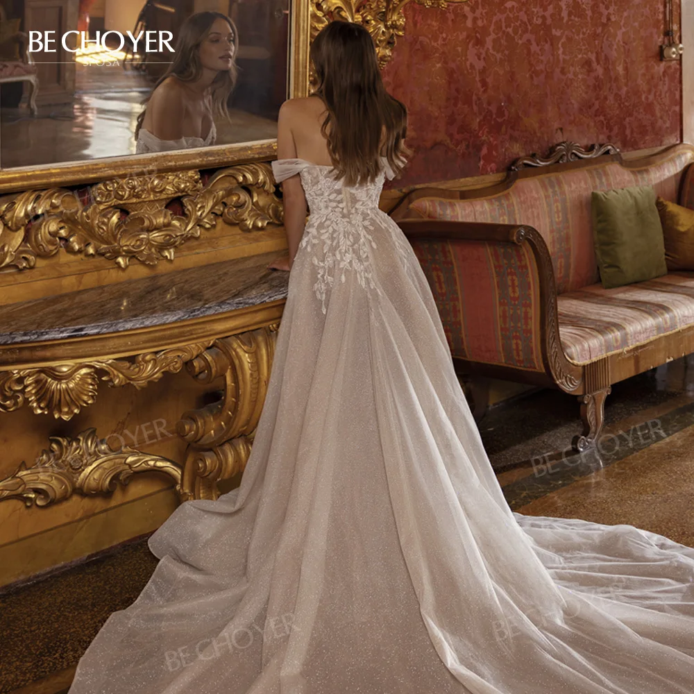 Kolsuz düğün elbisesi Kapalı Omuz A-Line Plaj Aplikler Gelin Kıyafeti 2024 Prenses BECHOYER R176 Artı Boyutu Vestido de Noiva Görüntü 4