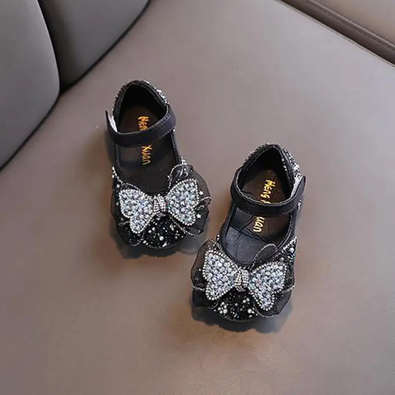 Kızlar Sevimli Yay Performans deri ayakkabı Bahar çocuk Sequins Prenses Ayakkabı Moda Çocuklar Yumuşak Alt Kristal Tek ayakkabı Görüntü 4