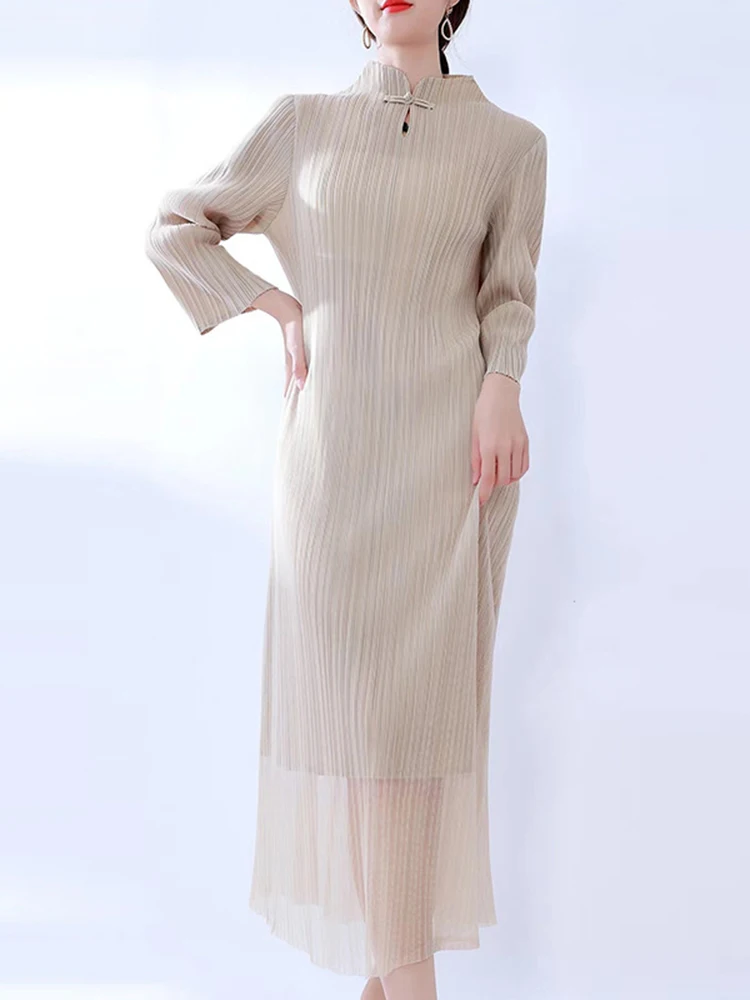 LANMREM Örgü Dikiş Pilili Elbise Kadın Standı Yaka Uzun Kollu Vintage Elbiseler Bayanlar Zarif Giyim 2024 Yeni 32A337 Görüntü 4