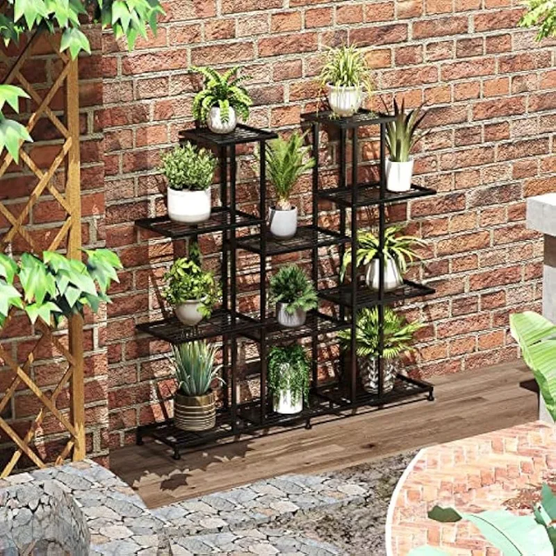 Metal Bitki Standı, Çok Fonksiyonlu Bitki Standları Dekoratif Siyah Çelik Bitki Rafı Kapalı Veranda Bahçe için Görüntü 4