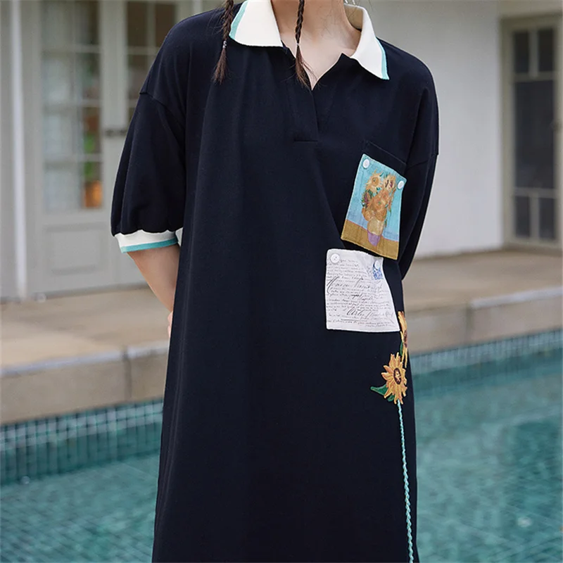 NEWDISCVRY 2023 Yaz Yeni Kore Kadın Elbise Vestidos Robe Elbise Gevşek Artı Boyutu Nakış POLO Yaka Kısa Kollu uzun elbise Görüntü 4
