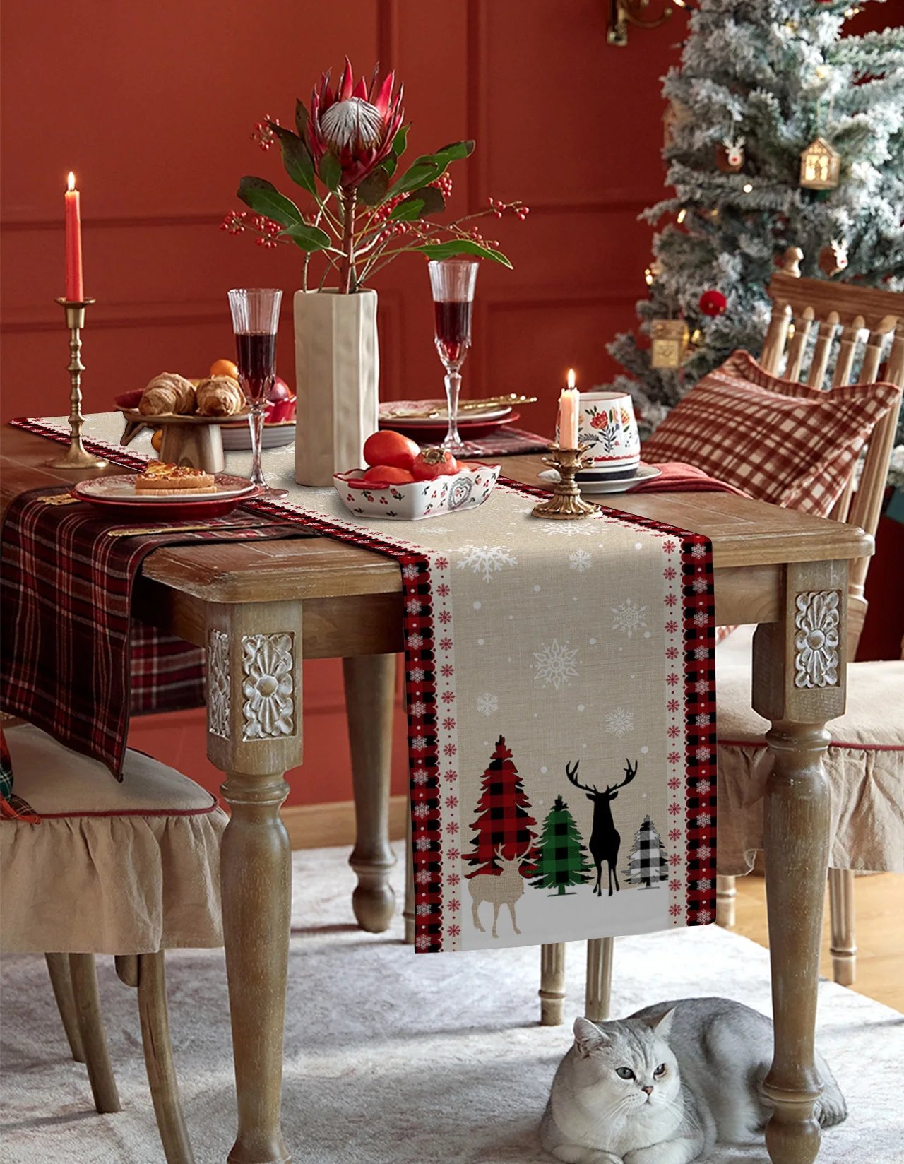Noel Kar Tanesi Elk Masa Koşucu düğün yemeği Masa Dekorasyon Masa Koşucu Noel yemek masası Masa Örtüsü Görüntü 4