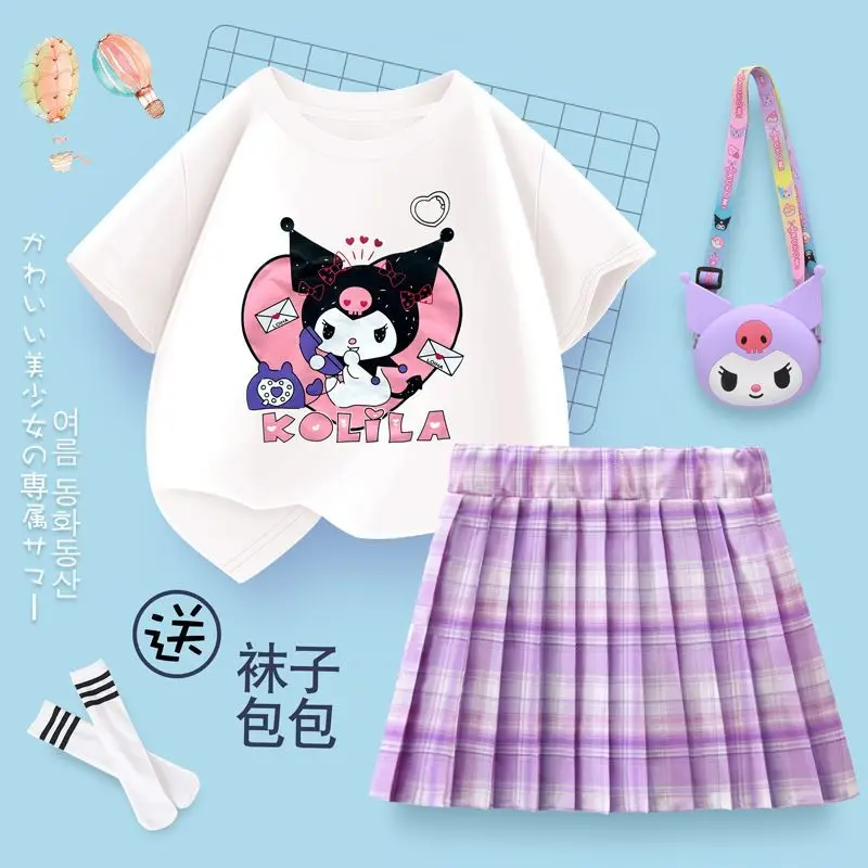 Sanrio hello kitty Kısa Kollu Etek Takım Elbise kuromi Yaz Yeni çocuk T-Shirt Pilili Etek kız JK Üniforma Y2K elbise bozuk para cüzdanı Görüntü 4