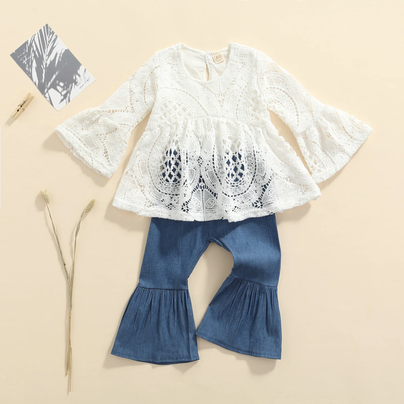 Sonbahar Bebek Çocuk Kız Giyim Setleri 2 adet Dantel Çiçek Uzun Ruffles Kollu t shirt + denim Flare Pantolon 1-5y Görüntü 4