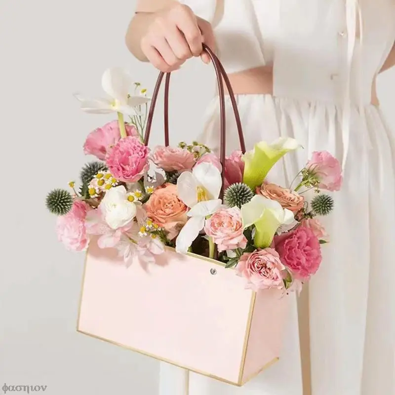 Taşınabilir Çiçek Kutusu Su Geçirmez Kağıt Kullanışlı hediye çantası Kraft Çanta Hediye Kutusu Ambalaj Şeker Kek Doğum Günü Düğün Gül Parti Görüntü 4