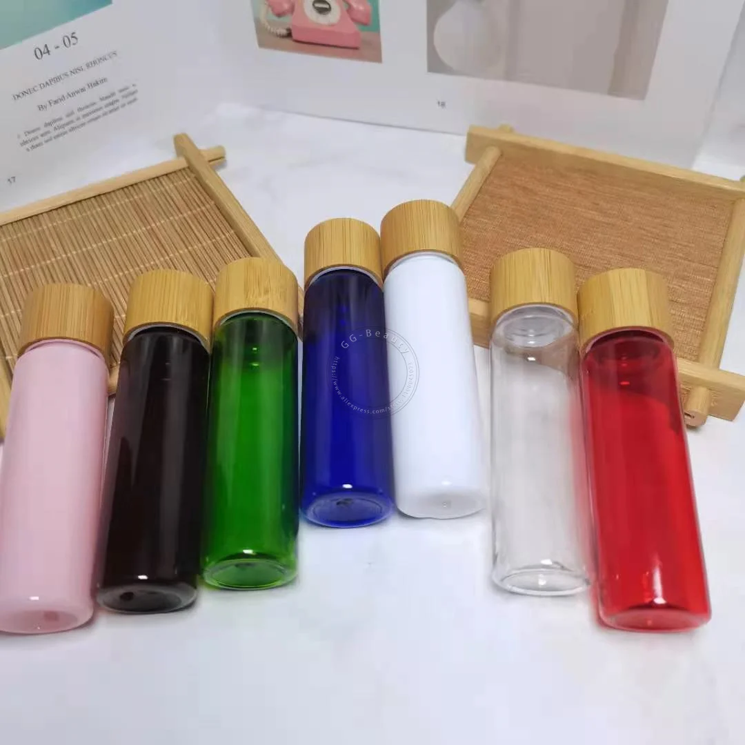 Toptan Doldurulabilir 30 ml Renkli Yuvarlak Plastik Şişeler Bambu Disk Üst Vidalı Kapaklı Parfüm Sprey Atomizer Boş Tüpler 1 OZ Görüntü 4