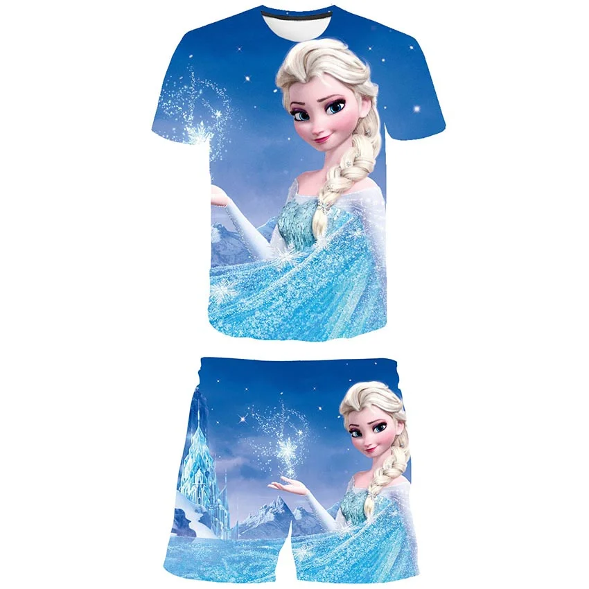 Yaz Dondurulmuş 2 Kız Karikatür T Shirt + şort takımı Giysileri Çocuklar Sevimli Elsa Prenses 2 adet Çocuk Karikatür Rahat Kostüm Kıyafetler Görüntü 4