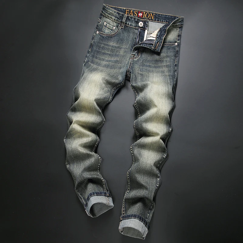 Yeni High-End Retro Kot erkekler için Düzenli Fitl Düz Bacak kot pantolon Elastik Trend Moda Eski Artı Boyutu Görüntü 4