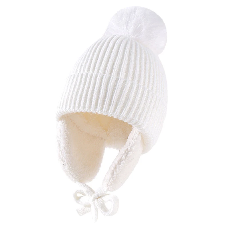Yeni Kış Örme Şapka Earflaps İle Kalın Sıcak Peluş Bebek Şapka Büyük ponponlu bere Rüzgar Geçirmez Yün Çocuk örgü bere Kız Erkek Görüntü 4