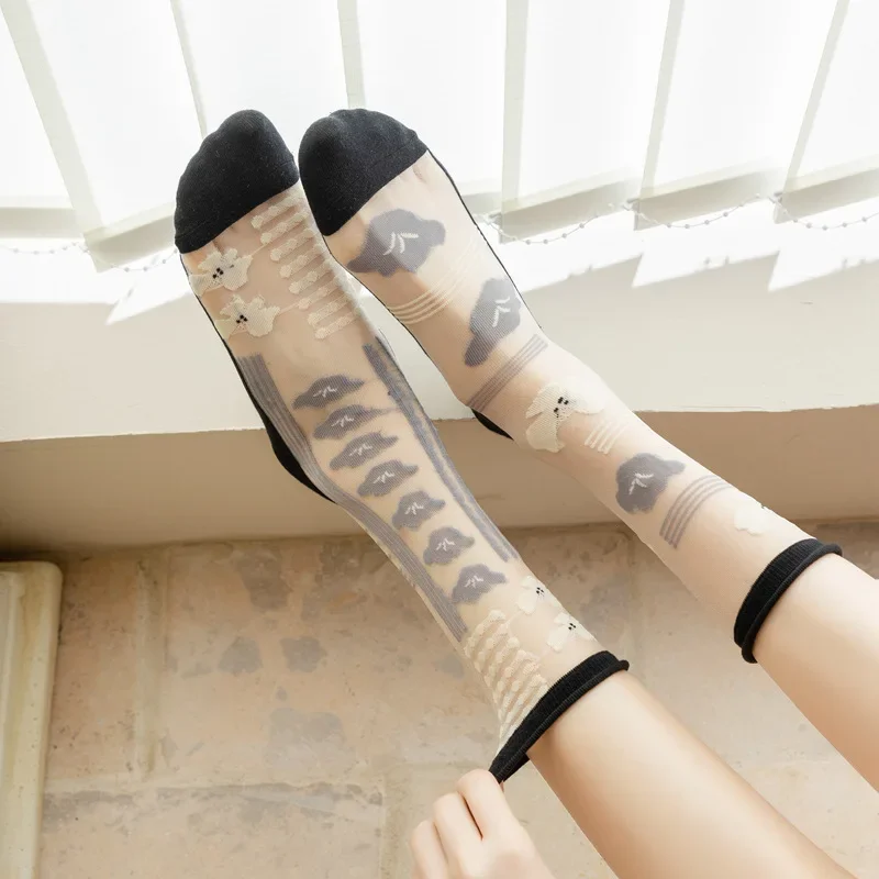 Yeni Moda Kadın Çorap Yaz Ultra ince Şeffaf Kristal İpek Çorap Harajuku Çiçek Retro Japon Kawaii Sevimli Çorap Görüntü 4