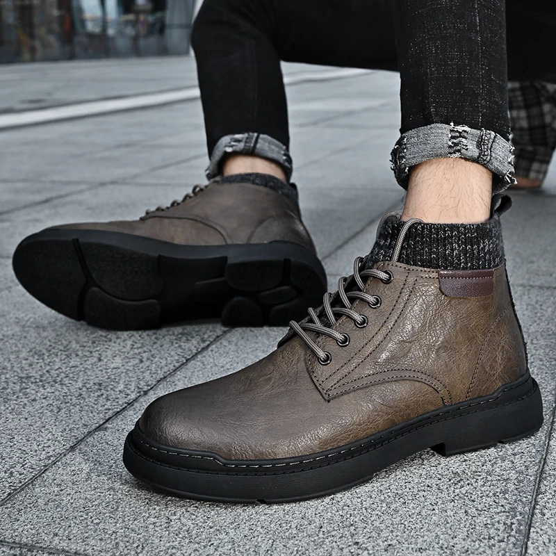 Yüksek Kaliteli erkek Hakiki Deri yarım çizmeler Kış Yeni Platform Çorap kısa çizmeler Erkekler için Moda İnek Derisi Erkek iş ayakkabısı Görüntü 4