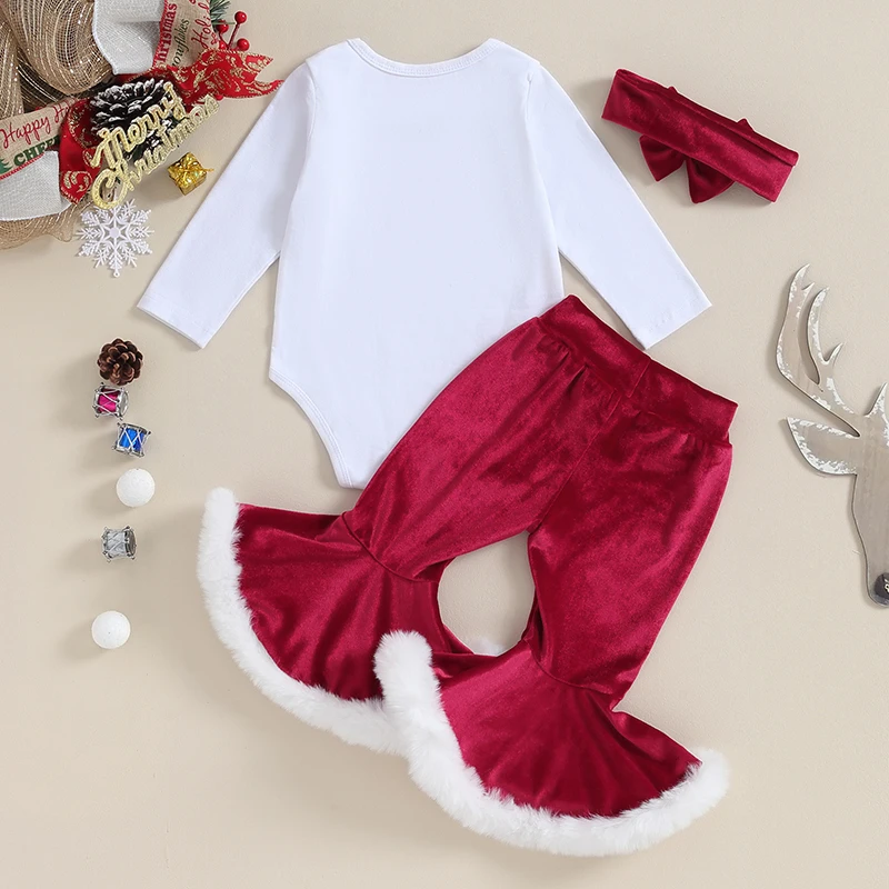 Yürümeye başlayan çocuk giysileri Kız Noel Kıyafetleri Mektup Baskı Uzun Kollu Tulum Flare Pantolon Kafa Bandı 3 Adet Set Bebek Giyim Görüntü 4