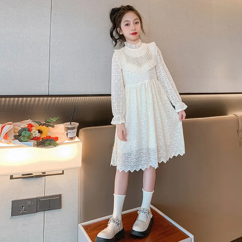 Zarif Beyaz Dantel Prenses Elbise Kız 2023 İlkbahar Yaz Uzun Kollu Bej Elbise Parti Akşam Kostüm 4-14Years Çocuk Görüntü 4