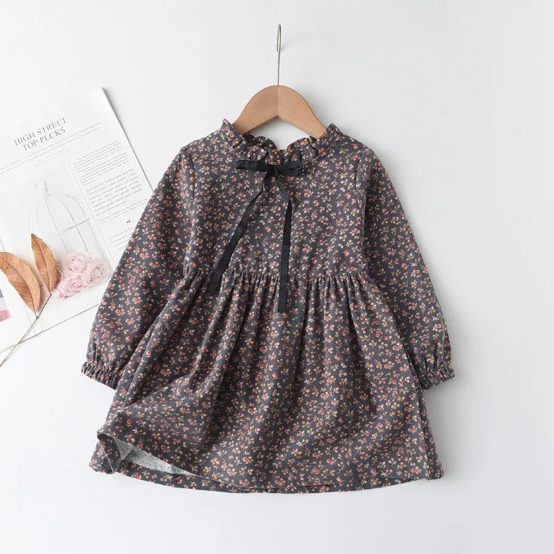 Çocuklar için şerit yay elbise ile yeni küçük çiçek pamuk kız uzun kollu elbise Görüntü 4