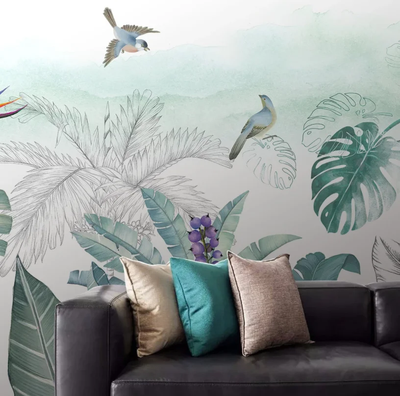 Özel duvar kağıdı İskandinav el-boyalı küçük taze tropikal bitkiler çiçekler ve kuşlar TV kanepe arka plan 3d duvar kağıdı Görüntü 4
