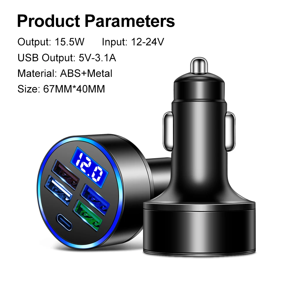 12-24V 5 Port 15.5 W USB Tip-C Araç Şarj Cihazı LED Dijital Ekran Şarj Adaptörü Görüntü 5