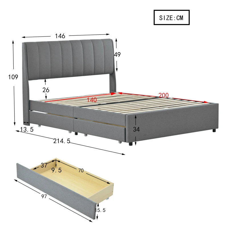 140x200 cm modern tasarım yastıklı platform yatak, çekmeceli çift kişilik yatak, yetişkin ve ergen yatağı, pratik depolama yatağı Görüntü 5