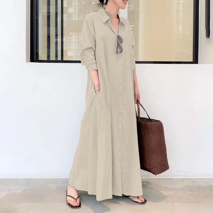 2023 yaz elbisesi Artı Boyutu 4XL 5XL Pamuk Keten Cep Maxi Elbise Kadınlar için Bluzlar Streetwear Gevşek Katı Uzun Elbiseler Vestido Görüntü 5