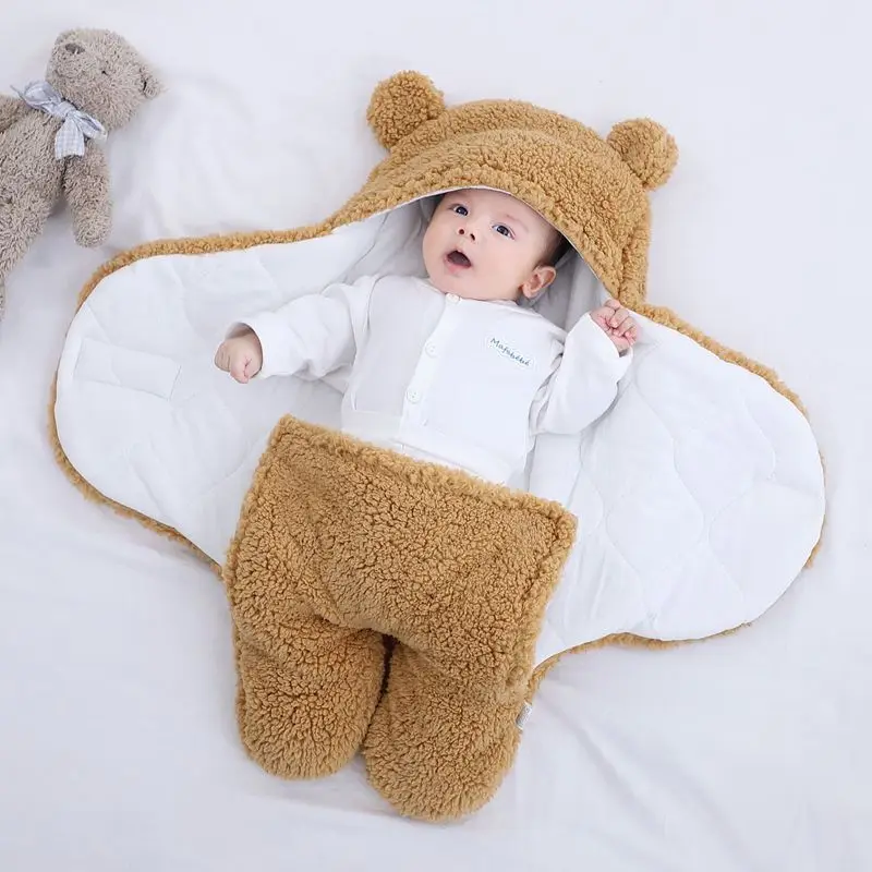 Bebe Kış Sıcak Polar Bebek Bebek Uyku Tulumu Zarf Yenidoğan Bebek Yatak Wrap Sleepsack Karikatür bebek battaniyesi Kundaklama Görüntü 5