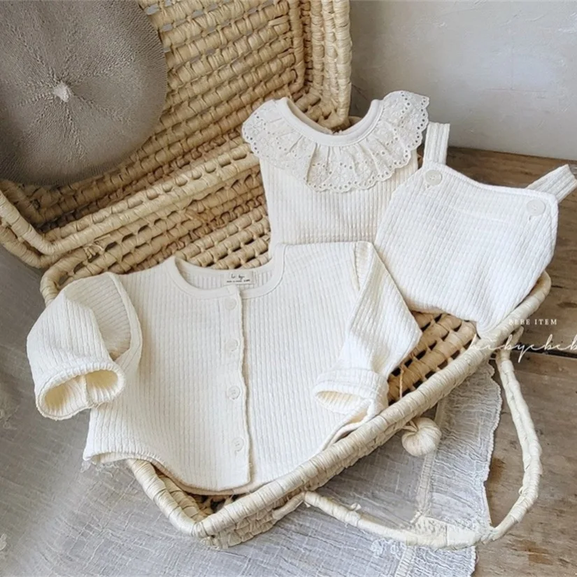 Bebek Kız Bodysuits Beyaz Dantel Tek Parça Giyim Bebek Çocuk Sonbahar Rahat Tulumlar Uzun Kollu Omuz Askısı Tulum Görüntü 5