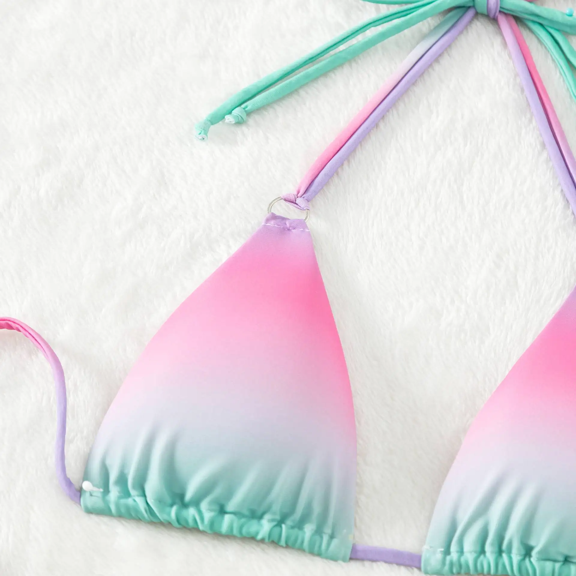 Degrade Renk Bikini Set Kadınlar Push-up Yüksek Kesim İki Parçalı Mayo Boho Halter Dantel-up Sütyen + Düşük Bel Tanga Beachwear Görüntü 5